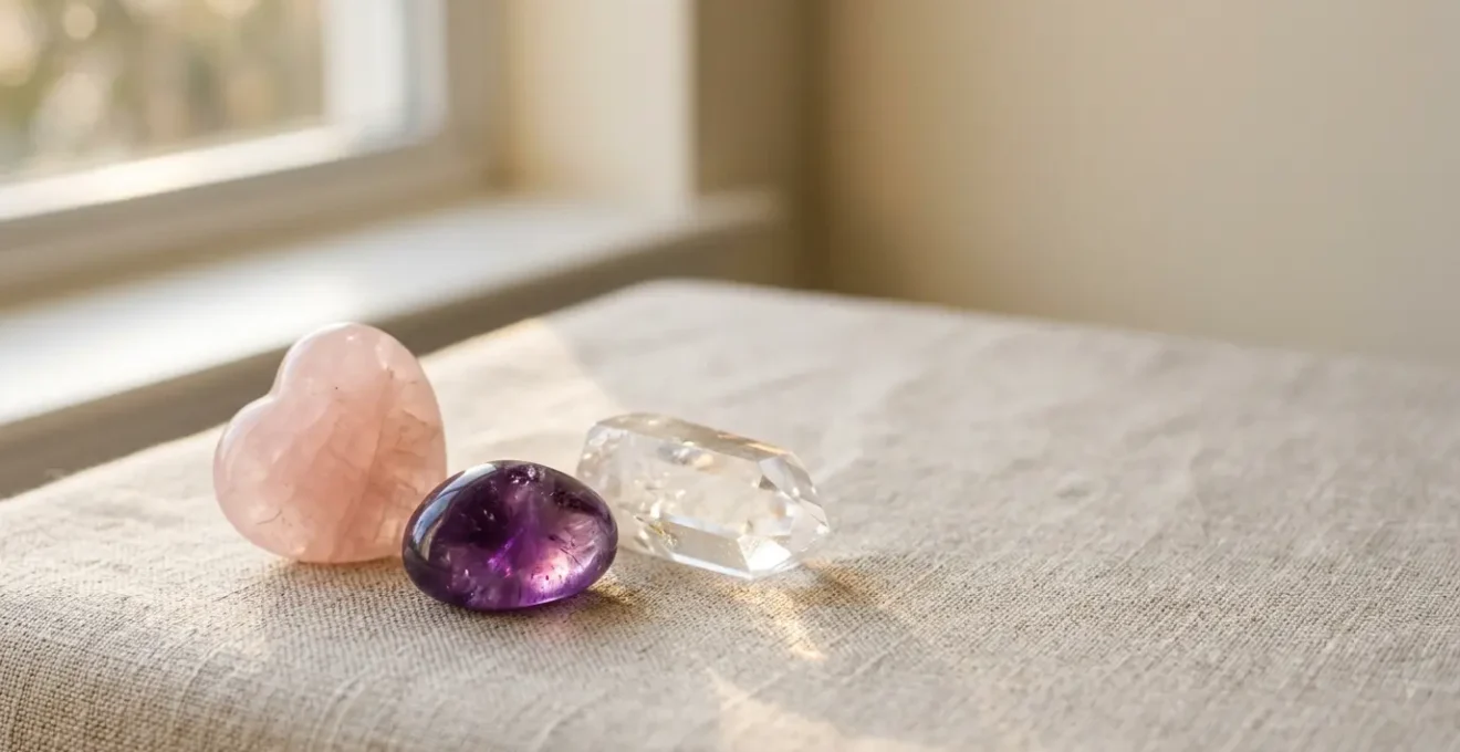 Scène contemplative de thérapie énergétique avec cristaux, lumière naturelle et harmonie