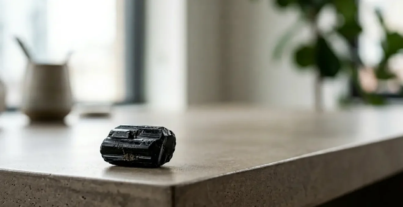 Pierre de tourmaline noire disposée sur un bureau moderne avec écran d'ordinateur en arrière-plan