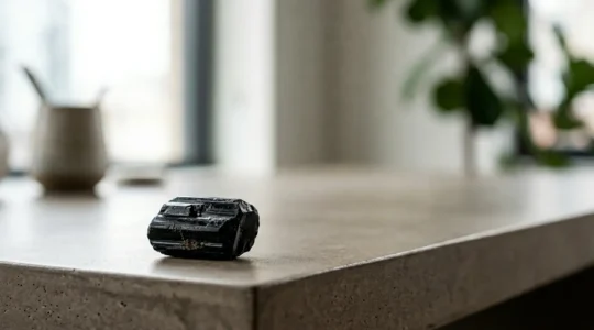 Pierre de tourmaline noire disposée sur un bureau moderne avec écran d'ordinateur en arrière-plan